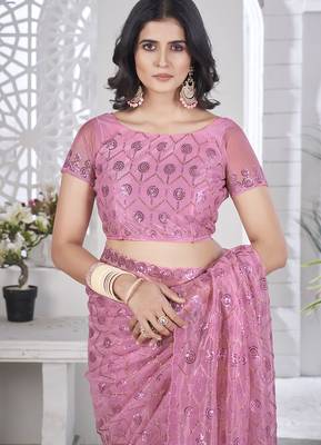 pink sequin thread embroidery net saree 4