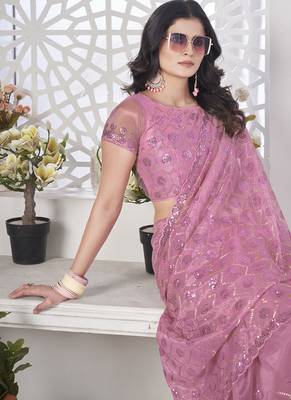 pink sequin thread embroidery net saree 5