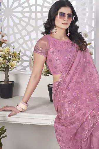 pink sequin thread embroidery net saree