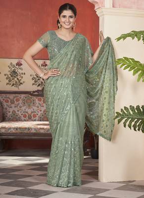 green sequin thread embroidery net saree 1