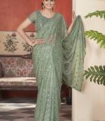 green sequin thread embroidery net saree