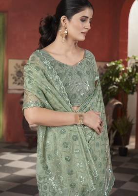 green sequin thread embroidery net saree 2