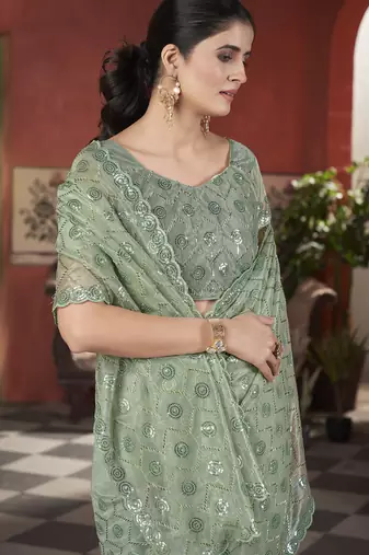 green sequin thread embroidery net saree
