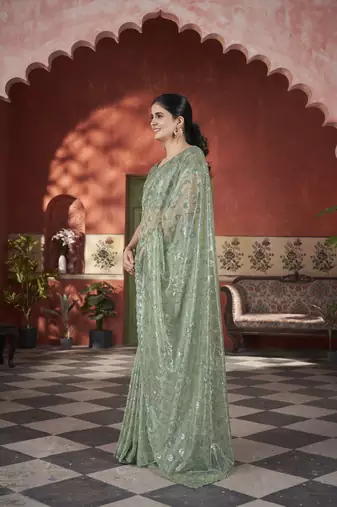 green sequin thread embroidery net saree