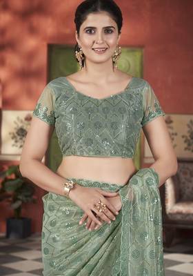 green sequin thread embroidery net saree 4
