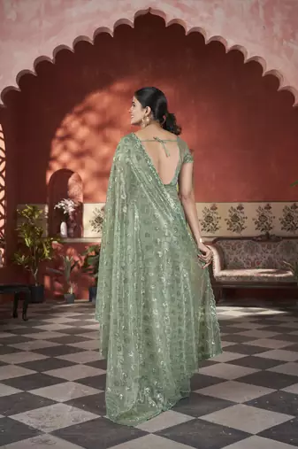 green sequin thread embroidery net saree