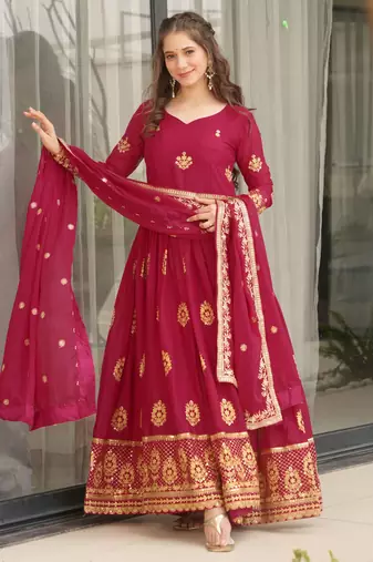 Magnetic Pink Zari Embroidery Georgette Festive Wear Gown With Dupatta