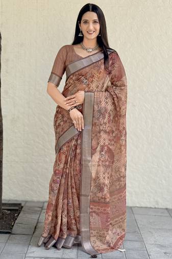Orange digital print linen saree with geometric pattern unstitched blouse