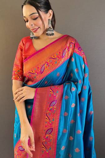 Blue zari woven paithani art silk saree