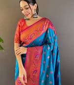 Blue zari woven paithani art silk saree