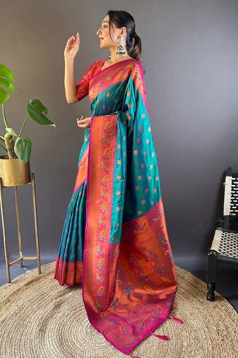 Dual color zari woven paithani art silk saree