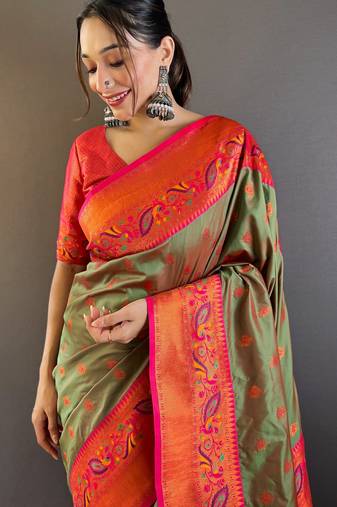 Mehendi zari woven paithani art silk saree