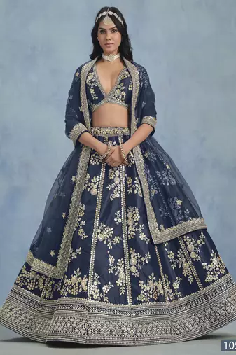 Navy Blue Embroidered Art Silk Lehenga With Blouse