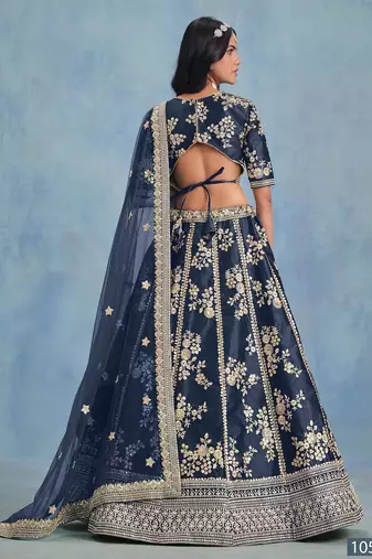 Navy Blue Embroidered Art Silk Lehenga With Blouse