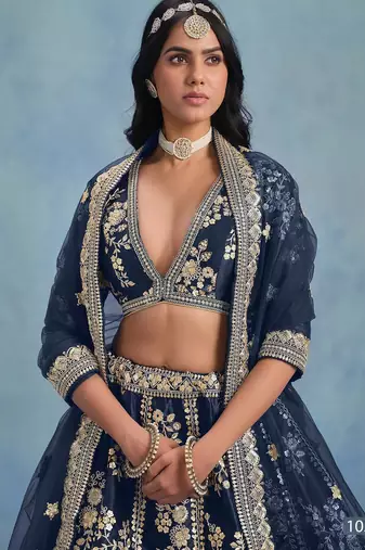 Navy Blue Embroidered Art Silk Lehenga With Blouse
