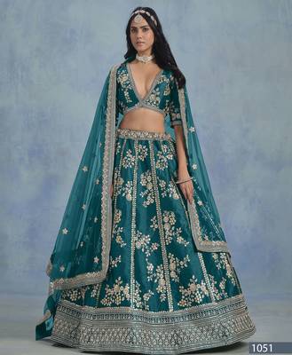 Teal Embroidered Art silk blend Lehenga With Blouse 1