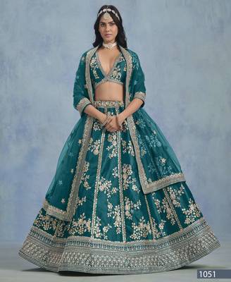 Teal Embroidered Art silk blend Lehenga With Blouse 2