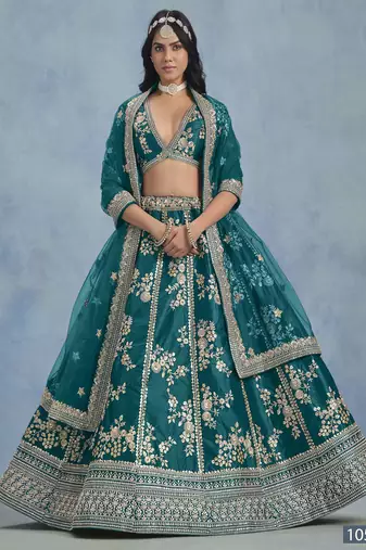 Teal Embroidered Art Silk Lehenga With Blouse
