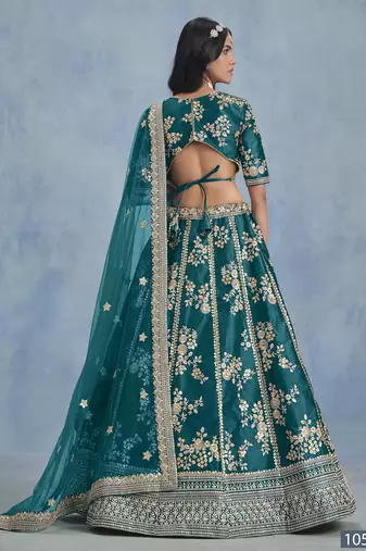 Teal Embroidered Art Silk Lehenga With Blouse