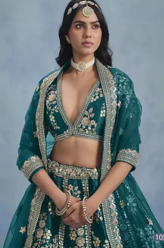 Teal Embroidered Art Silk Lehenga With Blouse