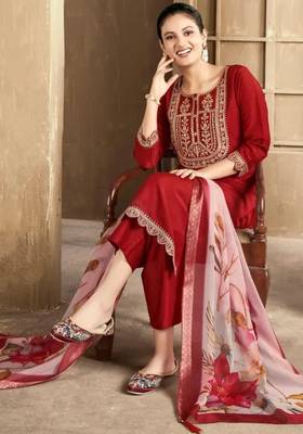 Maroon color spun rayon slub fabric heavy embroidery kurta set with digital printed dupatta 1