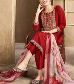 Maroon color spun rayon slub fabric heavy embroidery kurta set with digital printed dupatta