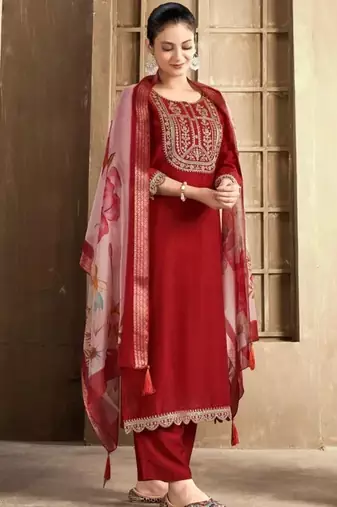 Maroon color spun rayon slub fabric heavy embroidery kurta set with digital printed dupatta