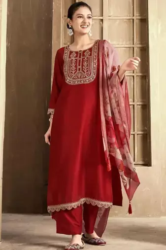 Maroon color spun rayon slub fabric heavy embroidery kurta set with digital printed dupatta