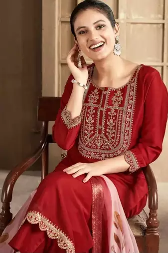 Maroon color spun rayon slub fabric heavy embroidery kurta set with digital printed dupatta