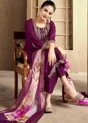 Wine color spun rayon slub fabric heavy embroidery kurta set with digital printed dupatta 1