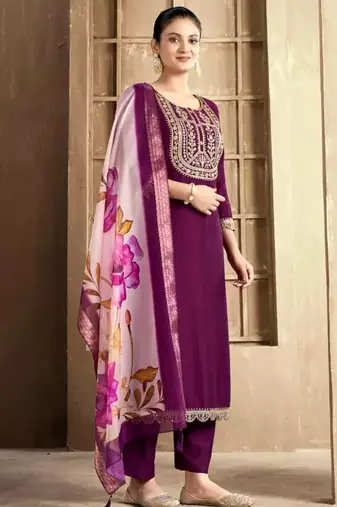 Wine color spun rayon slub fabric heavy embroidery kurta set with digital printed dupatta