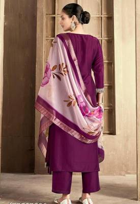 Wine color spun rayon slub fabric heavy embroidery kurta set with digital printed dupatta 3