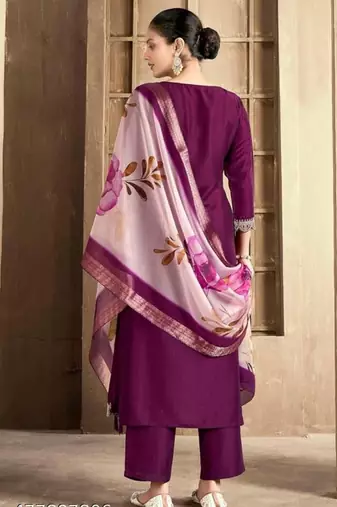 Wine color spun rayon slub fabric heavy embroidery kurta set with digital printed dupatta