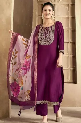 Wine color spun rayon slub fabric heavy embroidery kurta set with digital printed dupatta