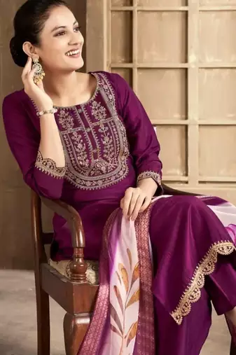 Wine color spun rayon slub fabric heavy embroidery kurta set with digital printed dupatta