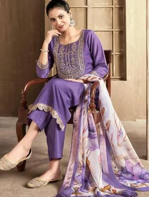 Lavender color spun rayon slub fabric heavy embroidery kurta set with digital printed dupatta 1