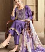 Lavender color spun rayon slub fabric heavy embroidery kurta set with digital printed dupatta