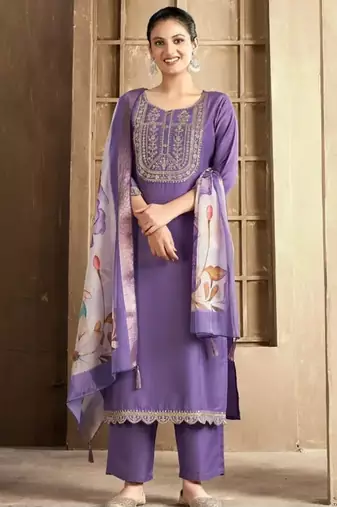 Lavender color spun rayon slub fabric heavy embroidery kurta set with digital printed dupatta