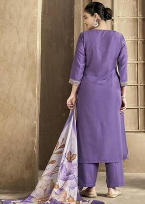 Lavender color spun rayon slub fabric heavy embroidery kurta set with digital printed dupatta 3