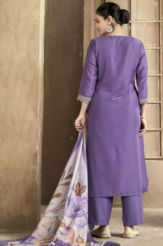 Lavender color spun rayon slub fabric heavy embroidery kurta set with digital printed dupatta
