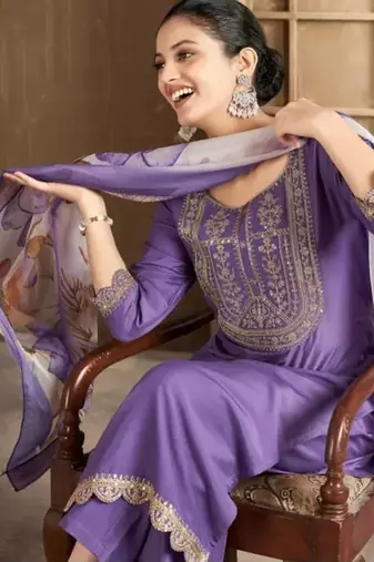 Lavender color spun rayon slub fabric heavy embroidery kurta set with digital printed dupatta