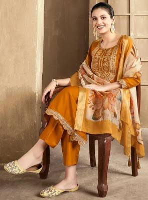 Mustured color spun rayon slub fabric heavy embroidery kurta set with digital printed dupatta 1