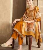 Mustured color spun rayon slub fabric heavy embroidery kurta set with digital printed dupatta