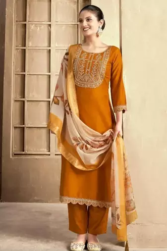 Mustured color spun rayon slub fabric heavy embroidery kurta set with digital printed dupatta