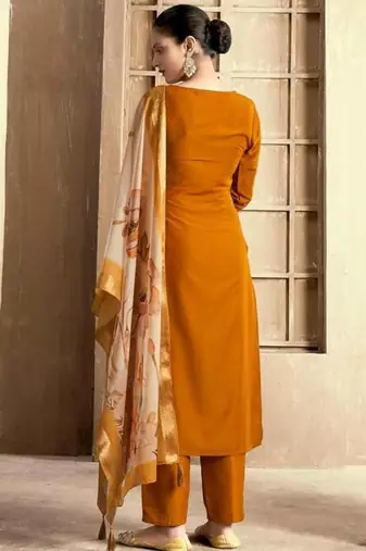 Mustured color spun rayon slub fabric heavy embroidery kurta set with digital printed dupatta