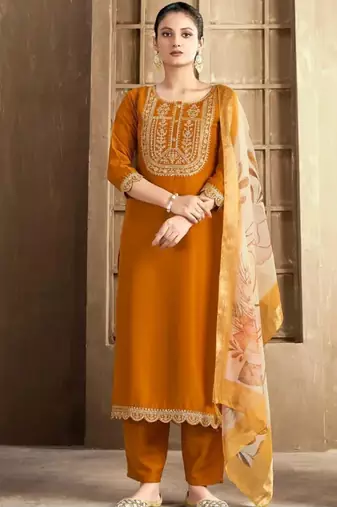 Mustured color spun rayon slub fabric heavy embroidery kurta set with digital printed dupatta