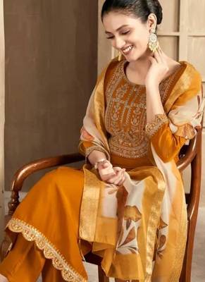 Mustured color spun rayon slub fabric heavy embroidery kurta set with digital printed dupatta 5