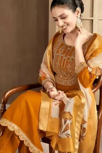Mustured color spun rayon slub fabric heavy embroidery kurta set with digital printed dupatta