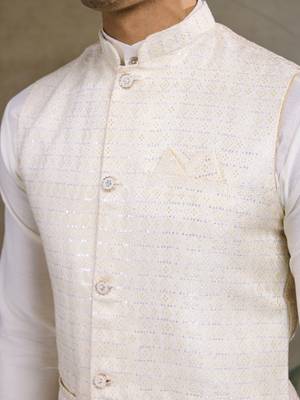 Off white viscose silk sequence with self weaving jacquard design work kurta with koti for men 6