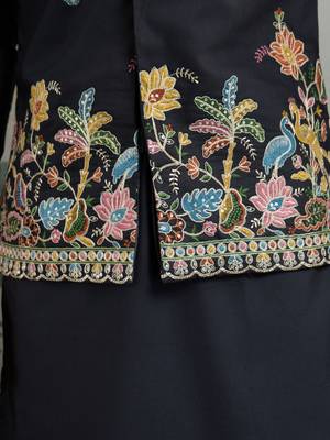 Black pure cotton thread with sequence embroidered work kurta with koti for men 7